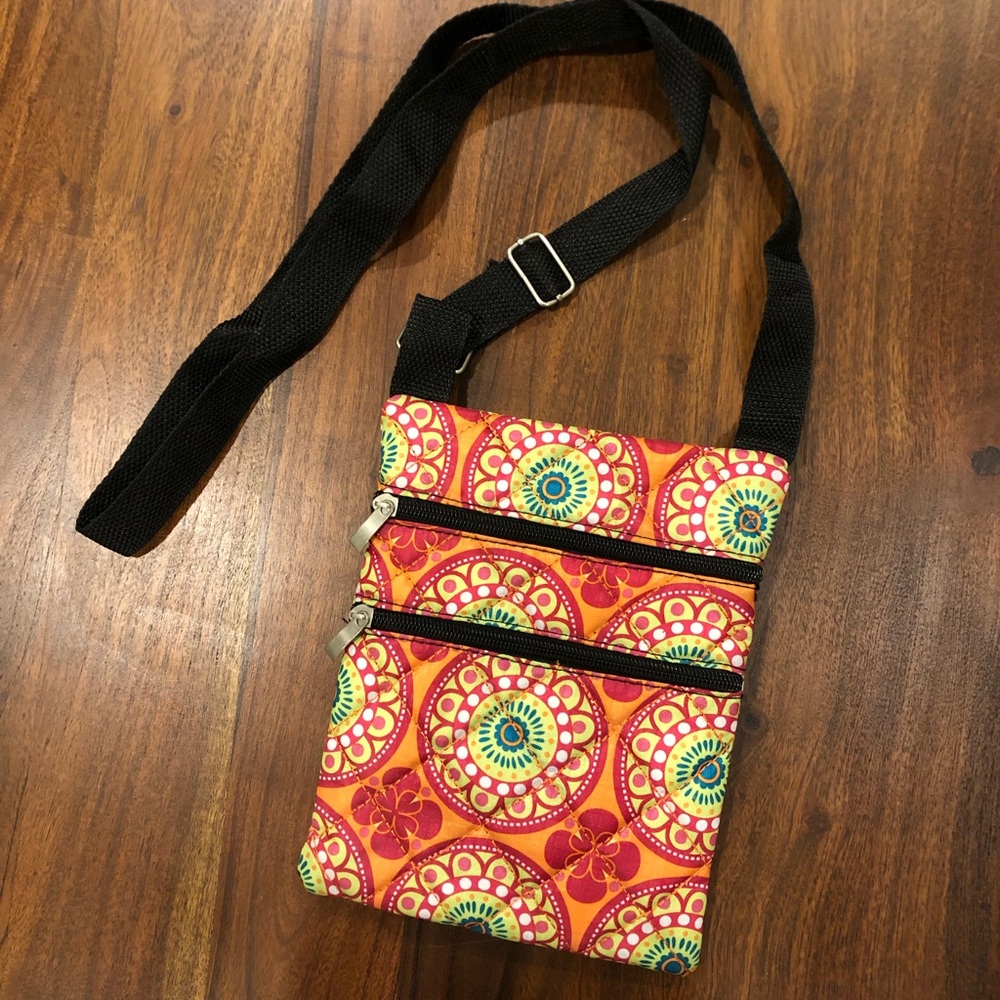 Medallion print zippered cross body bag adjustable strap orange/pink/green/black